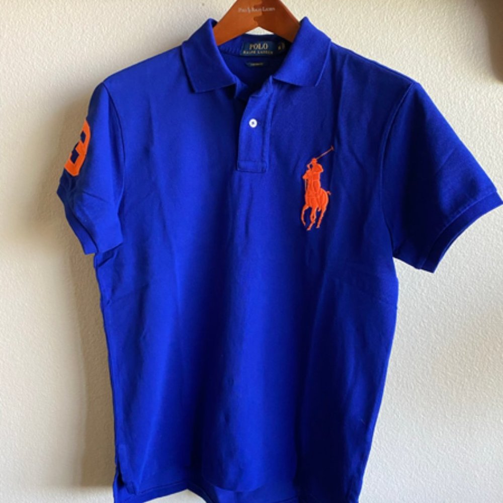 Ralph Lauren New Men's Big Pony Player Mesh Knit Polo Royal w/Navel Orange NWT
